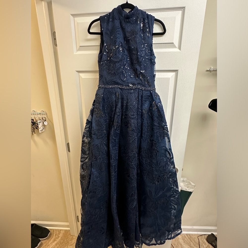 Mac Duggal Blue Fit and Flare Halter Maxi Dress